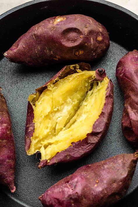 Learn how to make perfectly baked Japanese sweet potatoes the right way to achieve authentic yaki imo texture and flavour. How To Cook Sweet Potatoes, Yaki Imo, Cooking Cauliflower, Vegan Potatoes, Japanese Sweet Potatoes, Okonomi Kitchen, How To Cook Cauliflower, Fall Veggies, Orange Sweet Potatoes