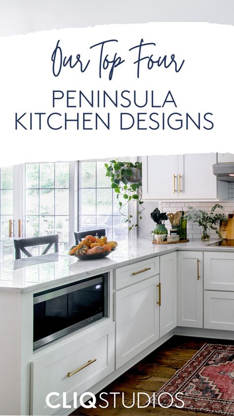 Kitchen peninsulas are a smart, versatile alternative for layouts where islands aren't practical. Kitchens With Peninsulas L Shaped, Peninsula Kitchen Cabinets, White Kitchens With Peninsula, Kitchen Peninsula Size Guide, Kitchen Peninsula With Microwave, Kitchen Peninsula No Seating, How To Update Kitchen Peninsula, Long Kitchen Peninsula, Small Peninsula Kitchen Layout