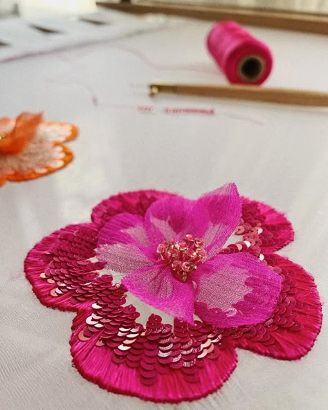 Pink Flower Embroidery, Digital Fashion Design, Silk Thread Embroidery, Pomegranate Art, Haute Couture Embroidery, Sequin Flower, Tambour Embroidery, Digital Fashion, Coord Set