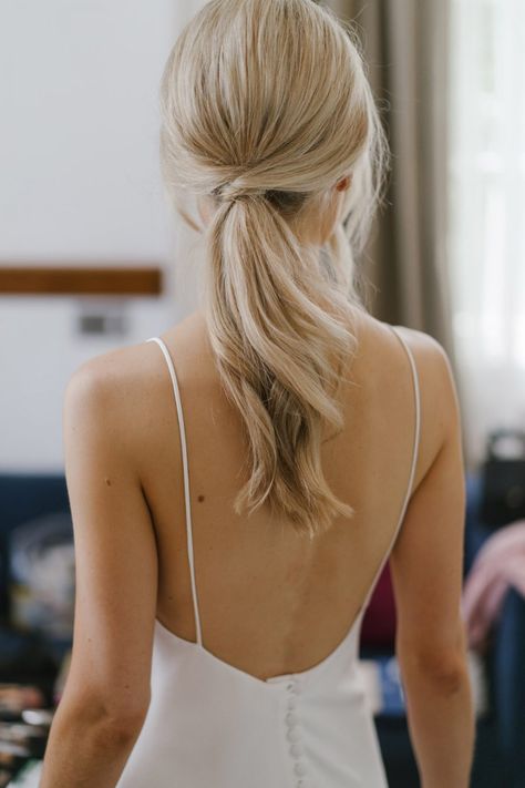 A Bride in The OWN Studio For Her Intimate City Dinner Party Wedding | Love My Dress® - Wedding Inspiration Daily Short Wedding Ponytail, Romantic Low Ponytail, Short Hair Low Ponytail Wedding, Updos For Medium Length Hair Wedding Bridesmaid Pony Tails, Clean Bridesmaid Hair, Wedding Hairstyles Minimalist, Bridal Hairstyles Modern, Classy Wedding Ponytail, Bridesmaids Hair Simple