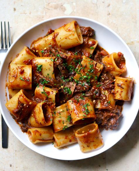 Braised Short Ribs With Gnocchi, Pasta With Short Ribs, Short Rib Gnocchi, Braised Beef Pasta Recipes, Short Rib Ragu Pasta, Braised Short Ribs Ragu, Short Rib Pasta Recipe, Short Rib Rigatoni, Slow Cooker Ragu