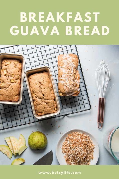 three mini loaves of guava bread on a cooling rack topped with toasted coconut Guava Bread Recipe, Yellow Guava Recipes, White Guava Recipes, Guava Breakfast, Recipes With Guava Paste, Guava Muffins, Guava Recipes Healthy, Fresh Guava Recipes, Guava Chiffon Cake