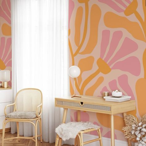 We’re in love with this beautiful Retro Floral Mural, boasting a gorgeous pastel pink and orange colour palette. 🍊 #retromural #retrodesign #interiordecor #homedecoration #pinkwallpaper #orangefeaturewall #peelandstickwallpaper #diyhomedecor #diydecor #homestyling #homeinterior #trendingwallpaper #interiorstyle #interiør #homestylinginspo #retrostyle #bedroomdecor #retrostyle #homedecorating Colourful Wall Mural, Bright Wall Colors, Pastel Wall Mural, Easy Wall Murals, Floral Mural Wallpaper, Retro Mural, Pink Mural, Retro Floral Wallpaper, Floral Murals