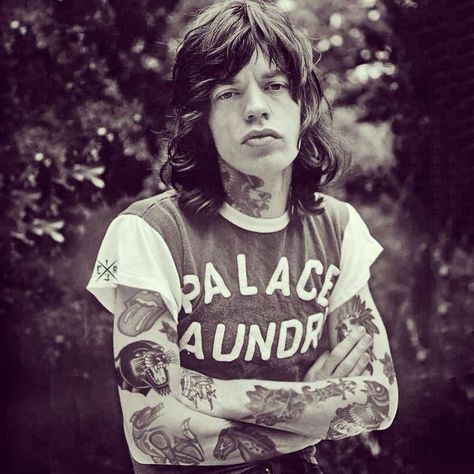 Mick Jagger young and tattooed. By Seattle-based artist Cheyenne Randall - see more at talesofthetatt.com Mick Jagger Style, Melanie Hamrick, Jim Marshall, Georgia May Jagger, Steven Tyler, Rock N’roll, I'm With The Band, Mötley Crüe, Rock Chic