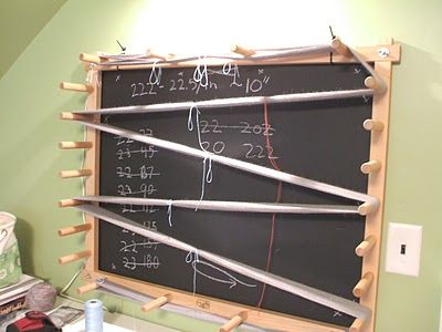 Chalk board paint behind one's warping board. Brilliant! Diy Warping Board, Weaving Room, Warping Board, Chalk Board Paint, Weaving Studio, Board Paint, Saori Weaving, Rigid Heddle Weaving, Weaving Tools