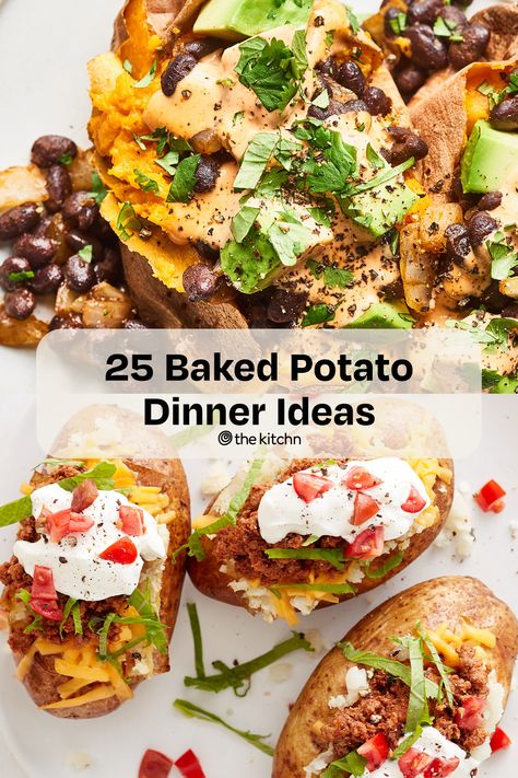 Find out all the ways to have baked potatoes for dinner, from twice-baked and stuffed to leftover baked potato casseroles. Bake Potato Meals, Baked Potato Night, Vegetarian Baked Potato Recipes, Baked Potato Loaded Dinners, Baked Potato With Beans, Baked Potato Main Dish, Baked Potato Fillings Vegetarian, Dinner Recipes With Baked Potatoes, Double Stuffed Potatoes Recipes