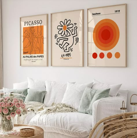 Gallery Wall Art Set Of 3 Prints, Picasso Print, Picasso Poster, Bauhaus Print, Bauhaus Poster Set, Gallery Wall Bundle, Orange Wall Art, Prints Mood Board, Above Sofa, Mod Wall, Picasso Poster, Picasso Inspired, Poster Gallery Wall, Bauhaus Print, Ideas Cuadros, Orange Wall Art