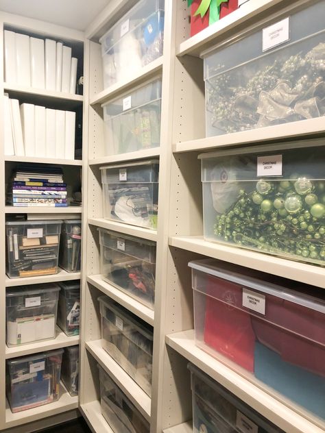 Seasonal Storage Closet, Christmas Storage Room, Seasonal Decor Storage Organizing Ideas, Christmas Organization Storage, Christmas Storage Organization, Christmas Tree Closet, Holiday Decor Storage Ideas, Container Store Closet System, Seasonal Decor Storage