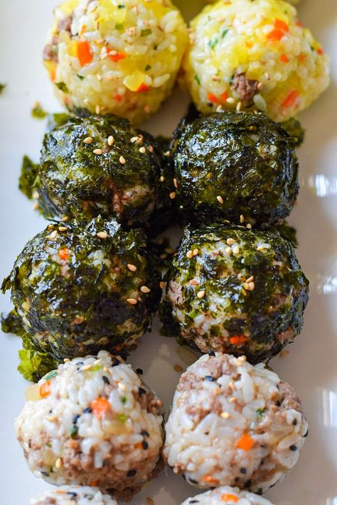 Korean Rice Balls (Jumeokbap) - Easy Recipes Easy Recipes Korean, Jumeokbap Recipe, Rice Bites, Meal Prep Korean, Mushroom Rice Balls, Healthy Recipes Korean, Mixed Rice, Asian Rice Balls, Shrimp Rice Balls