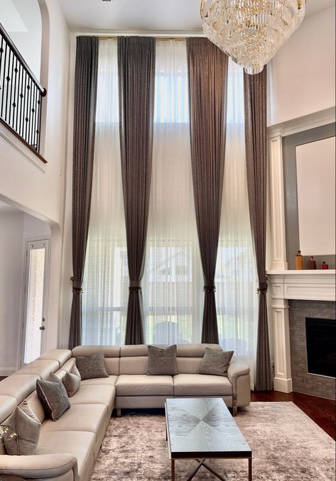 Drapes. Curtains. Living Room Interior Design Double Height Curtains High Ceilings, High Ceiling Living Room Curtains & Drapes, High Ceiling Living Room Windows, Extra Long Curtains For High Ceilings, Modern Living Room Tall Ceilings, Wall Drapes Living Room, Curtains Tall Windows, Vaulted Ceiling Curtain Ideas, Modern House Curtains Interiors