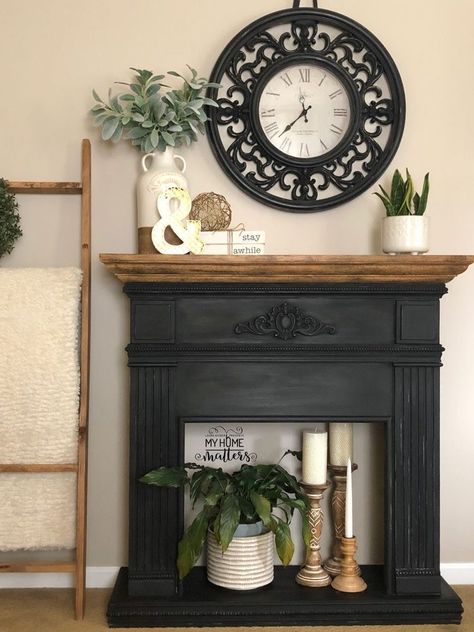 Fireplace Mantel Decor Ideas, Painted Fireplace, Faux Fireplace Mantels, Mantel Decor Ideas, Tv Ideas, Fake Fireplace, Faux Fireplace Diy, Vintage Fireplace, Fireplace Mantle Decor