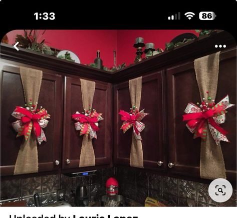 Christmas Cabnit Decorations, Top Of Kitchen Cabinet Christmas Decor Ideas, Kitchen Cabinet Door Christmas Decor, Cabinets Wrapped Like Presents, Present Cabinets Christmas, Christmas Cupboard Decorations, Christmas Kitchen Decor Ideas Cabinets, Christmas Cabinets Decorating Ideas, Kitchen Cabinet Christmas Decor