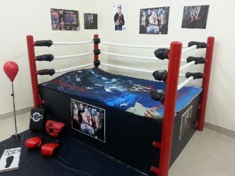 Wrestling Bedroom Ideas, Wrestling Ring Bed, Wwe Bedroom Decor, Boxing Bedroom, Diy Wwe, Wwe Bedroom, Wrestling Room, Sports Rooms, Cool Boys Room