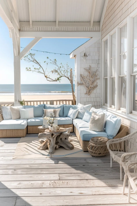 Embrace seaside sophistication with crisp whites, breezy fabrics, and nautical accents that capture the essence of coastal living, inviting you to relax and unwind by the shore. Dive into more coastal inspiration for your outdoor sanctuary now. Modern Tuscan, Living Boho, Coastal Patio, Contemporary Outdoor Furniture, Patio Decor Ideas, Ladies Home Journal, Home Journal, Dream Beach Houses, Comfortable Furniture