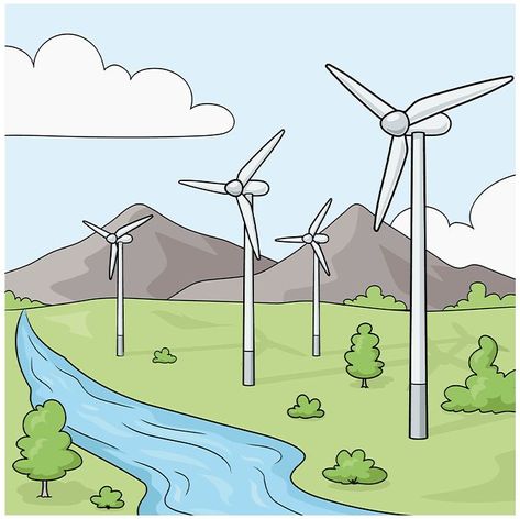 Learn to draw a wind turbine. This step-by-step tutorial makes it cute. Kids and beginners alike can now draw a great wind turbine. Wind Turbines Art, Windmill Drawing, Drawing Wind, Energy Drawing, Wind Drawing, Merry Christmas Coloring Pages, Water Turbine, Sci Fi Landscape, Mountain Drawing