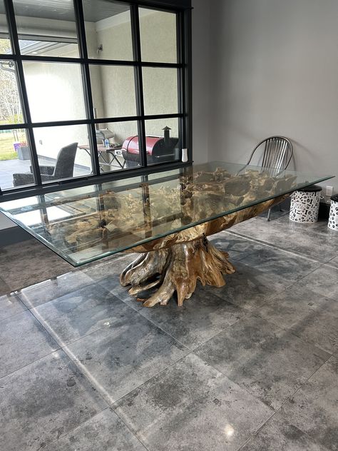 Glass Table Wood Base, Unique Wood Dining Tables, Tree Root Dining Table, Tree Trunk Table Base, Tree Root Table Base, Live Edge Waterfall Dining Table, Teak Root Dining Table, Bohemian Dining Room Table, Glass Dining Table Design