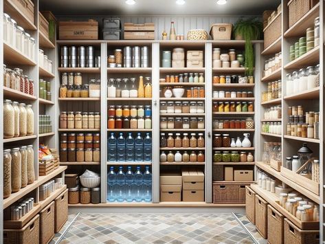 Preparing Your Pantry: Key Items for Emergency Readiness - NewsBreak Food Storage Rooms Basements, Basement Canning Kitchen, Dry Storage Pantry, Homestead Pantry Design, Prepper Pantry Organization, Basement Pantry Storage, Dry Food Storage Ideas, Canning Pantry Storage, Stock Pantry