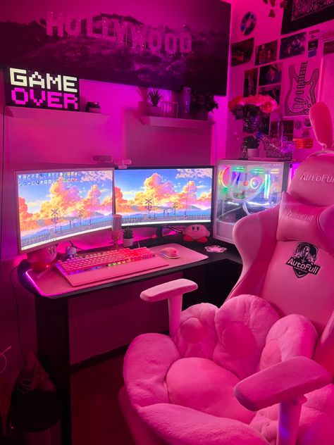 Pink Gaming Setup, Games Room Inspiration, Girly Apartments, Girly Apartment Decor, Home Studio Setup, Pink Desk, Gamer Room Decor, Pink Theme, Gaming Room Setup