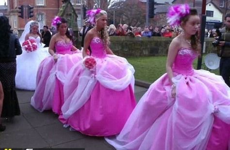 Question... if the bridesmaids need to help the bride pee.... how is this party going to go pee? Wedding Dress Romani, Romani Wedding Dress, Romani Weddings, Romani Wedding, Bad Bridesmaid Dresses, Sondra Celli, Ugly Bridesmaid Dresses, Sisters Dresses, Custom Bridal Dress