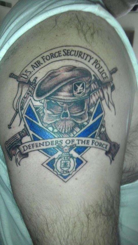 USAF Police Security Forces Tattoo, Air Force Tattoos For Men, Air Force Tattoos, Air Force Tattoo, Patriotic Tattoos, Tattoo Lettering Styles, Security Forces, Lettering Styles, Sleeve Men