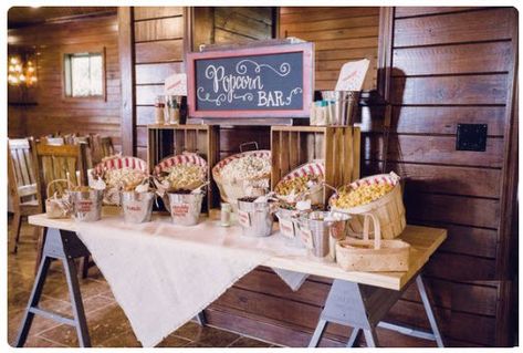 Saw this rustic set up on the bride link blog! Visit PopcornDude.com for bulk flavored popcorn! Popcorn Bar At Wedding, Popcorn Table Wedding, Rustic Popcorn Bar, Popcorn Bar Wedding, Popcorn Table, Wedding Popcorn Bar, Wedding Bars, Popcorn Wedding, Wedding Snacks