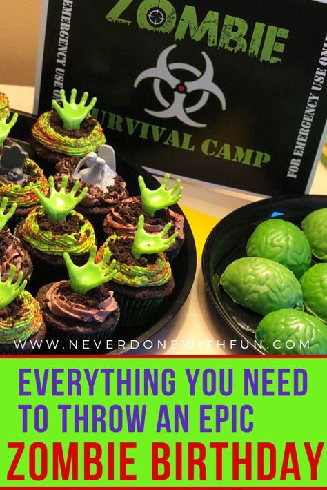 Zombie Apocalypse Birthday Party, Zombie Centerpieces, Viewing Party Food, Kids Zombie Party, Zombie Apocalypse Quiz, Walking Dead Birthday Party, Zombie Apocalypse House, Zombie Birthday Party, Party Food Decor