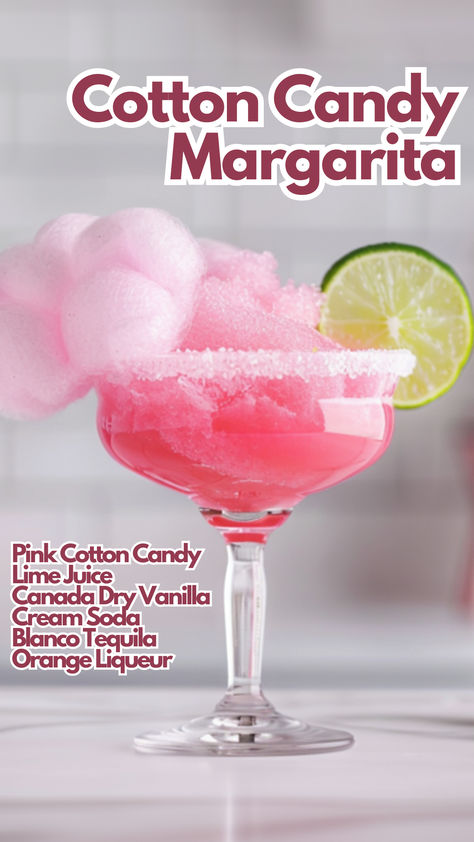 Cotton Candy Margarita Essen, Cotton Candy Margarita Recipe, Yummy Alcoholic Drinks Recipes, Pretty Alcoholic Drinks Recipes, Candy Drinks Recipes, Ice Cream Alcoholic Drinks Recipes, Cotton Candy Drinks Alcohol, Fun Margarita Recipes, Girly Alcoholic Drinks