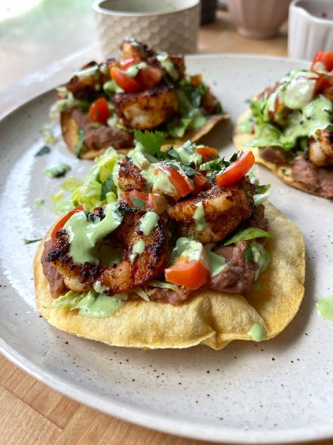 Chipotle Shrimp Tostadas - onebalancedlife.com Shrimp Tostadas, Creamy Cilantro Dressing, Chipotle Shrimp, Tostada Recipes, Air Fryer Recipes Appetizers, Easy Weeknight Dinner, Whole 30 Recipes, Shrimp Recipes, Weeknight Dinner