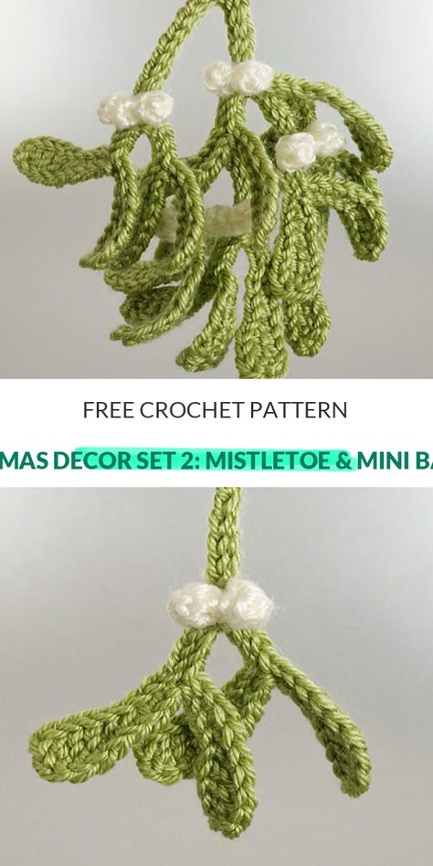 Christmas Decor Set 2: Mistletoe & Mini Baubles Free Crochet Pattern - This is a fantastic free Christmas crochet pattern. This is a continuation of the first Christmas decor set pattern. This pattern gives you step by step instructions on how to crochet this adorable Christmas decor set. This is a great project to make to add to your Christmas decorations. Materials: Yarn in the following colors: Red Heart Super Saver - White, Black, Green, Red, and Yellow Red Heart Super Saver - Green, Black, Mistletoe Crochet Pattern Free, Crochet Holly Leaf Free Pattern, Crochet Mistletoe Pattern Free, Mistletoe Crochet, Crochet Mistletoe, Crochet Christmas Baubles, Crochet Christmas Decor, Mistletoe Diy, Crafts Winter