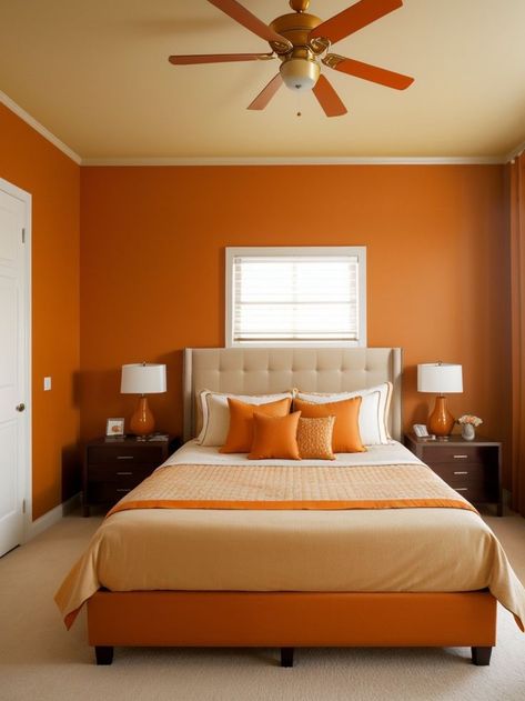 Orange Bedroom Aesthetic, Orange Accent Wall, Orange Bedroom Ideas, Beige Upholstered Bed, Orange Accent Walls, Indian Bedroom Design, Orange Furniture, Orange Bedroom, Neutral Furniture