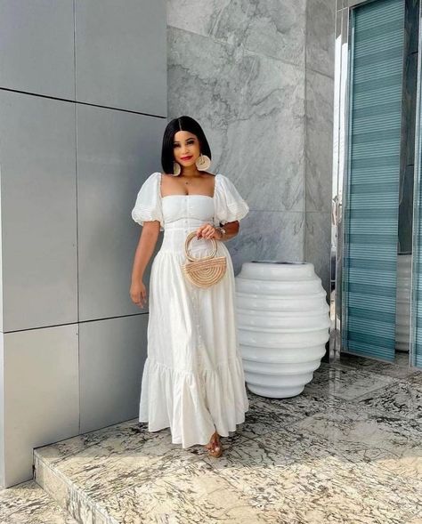 Evevee Collection on Instagram: “Dress still selling 💃💃💃” White Sundress Long, White Prom Dress Long, Prom Dress White, Summer Casual Dress, Beach White Dress, Kitchen Party, African Dresses For Kids, Lace Gown Styles, Dinner Dress Classy