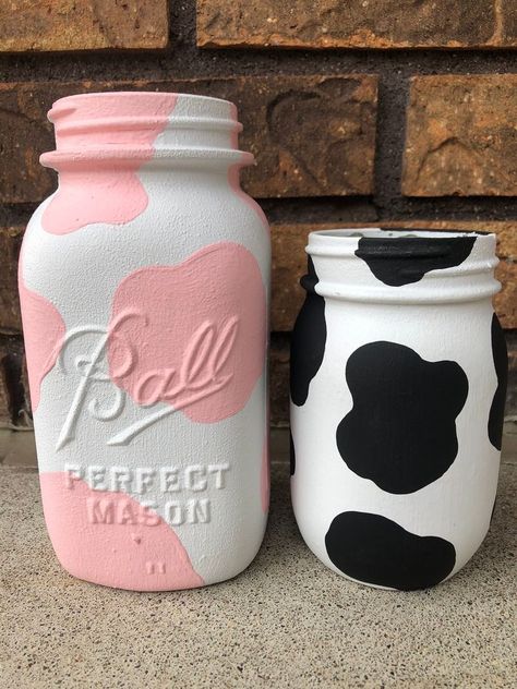 Cow Print Mason Jars, Cow Print Birthday, Cow Birthday Parties, Cowgirl Birthday Party, Cow Birthday, Cow Decor, Cowgirl Birthday, Painted Jars, Painted Mason Jars