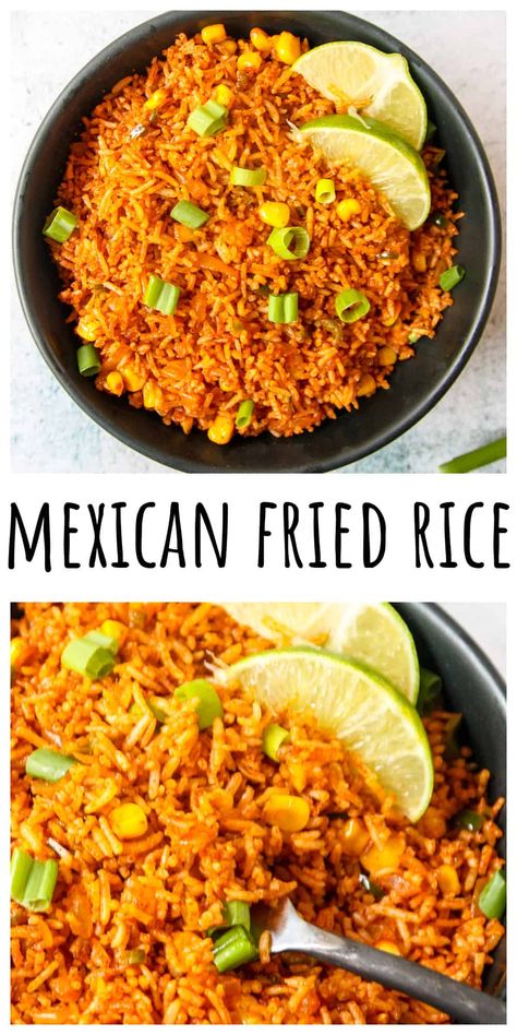 Mexican fried rice just like at your favorite Mexican restaurant is easy to make at home and has a ton of flavor. This simple side dish is perfect with tacos, burritos, enchiladas, & more! Mexican Food Enchiladas, Rice And Quinoa Recipes, Plant Based Whole 30, Skillet Fajitas, Food Enchiladas, Mexican Fried Rice, Vegetable Fried Rice Recipe, Recipes With Rice, Vegetarian Fried Rice