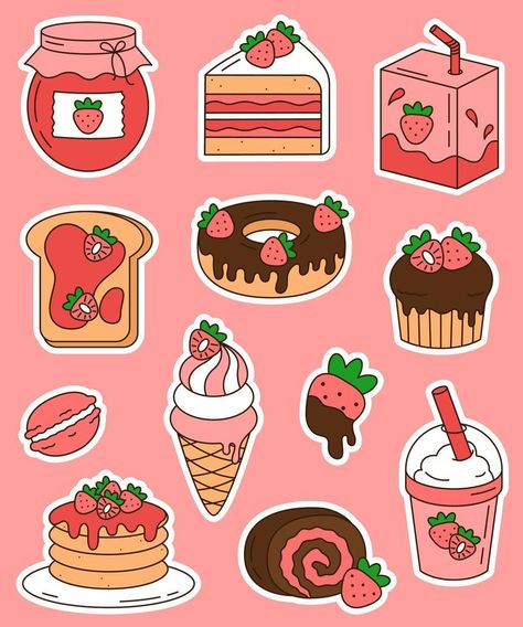 Cute sticker set with strawberry desserts and drinks isolated on white background. Dessert Stickers, Bujo Stickers, Cute Easy Doodles, Food Doodles, Cute Laptop Stickers, Stickers Kawaii, Arte Van Gogh, Cute Food Drawings, Scrapbook Stickers Printable