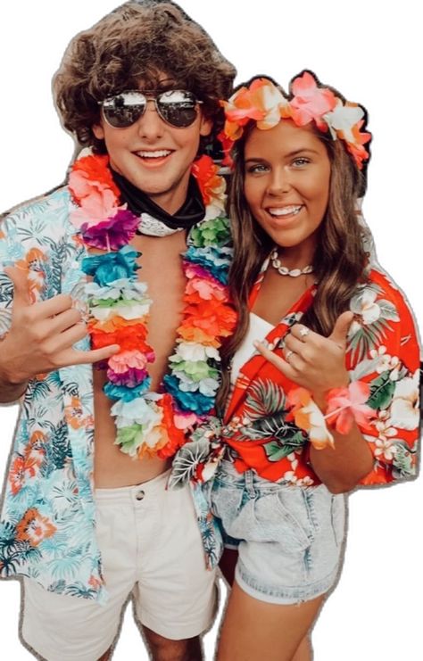 Hawaii Outfits For Football Games, Hawaiian Theme Spirit Week, Hawaiian Couple Costume, Lau Party Outfits, Hawaii Outfits Halloween, Hawaii Outfits Couple, Luau Costume Women, Hawaiian Couple Outfits, Paradise Theme Party Outfit