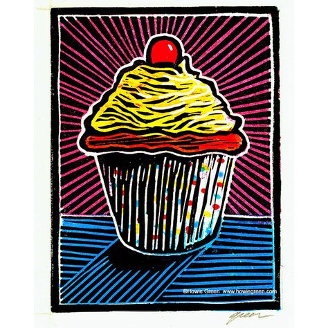 https://flic.kr/p/2k7dojV | Cupcake linocut Pop Art print | From my ongoing kitchen suite of small Pop Art linocut prints. See more of my art at www.howiegreen.com Pop Art Printmaking, Lino Ideas, Ks3 Art, Pop Art Food, Printmaking Techniques, Journal Techniques, Kitchen Suite, Woodcut Art, Lino Printing