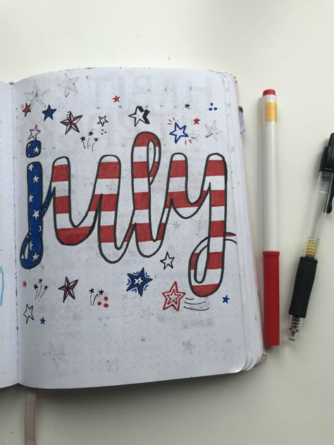 4th Of July Journal Ideas, July Bullet Journal Cover Fireworks, July Whiteboard Ideas, July Bujo Ideas, Fourth Of July Bullet Journal, July Journal Page, 4th Of July Bullet Journal, July Journal Cover, July Journal Ideas