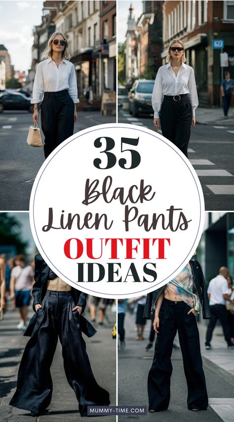 🎨 Express your creativity with unique black linen pants outfit ideas for women! Mix patterns, colors, and textures to create standout looks that showcase your personality. #FashionInspo #LinenPants Boho Black Pants Outfit, Black Cropped Linen Pants Outfit, Black Gauze Pants Outfit, Black Drawstring Pants Outfit, Linen Black Pants Outfit, Black Linen Pants Outfit Work, How To Style Black Linen Pants, Wide Linen Pants Outfit, Black Linen Trousers Outfit