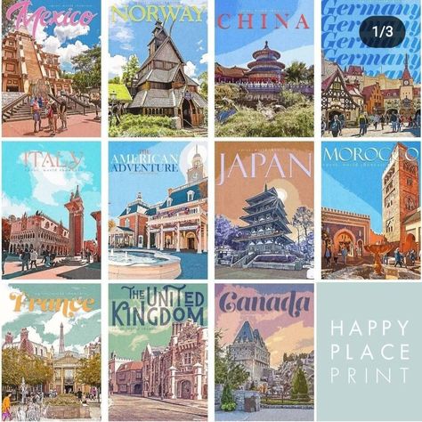 "Have you seen our Epcot World Showcase collection? We have Retro and Watercolour prints from every country, all made using our own photographs 📸 Which one is your favourite?" Orlando Florida Disney, Epcot World Showcase, Epcot Theme Park, Disney Poster, Walt Disney World Orlando, Florida Disney, Disney World Orlando, Disney Print, Disney Board