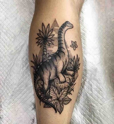 Dinosaur Cover Up Tattoo, Dinosaur Tattoos For Men, Dinosaur Half Sleeve Tattoo, Dinosaur Leg Tattoo, Dinosaur Knee Tattoo, Dinosaur Chest Tattoo, Brontosaurus Tattoo Cute, Dinosaur With Flowers Tattoo, Feminine Dinosaur Tattoo