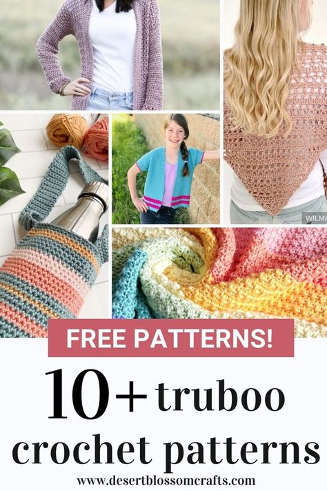 photo collage with text '10+ truboo crochet patterns' Shawl Patterns, Crochet Top Patterns For Beginners, Truboo Yarn, Crochet For Beginners Blanket, Crochet Clothes Patterns, Single Crochet Stitch, Shawl Crochet Pattern, Crochet Top Pattern, Love Crochet