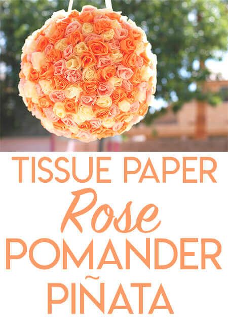 Make a gorgeous homemade pinata that looks like a rose pomander ball. Paper Mache Pinata, Tissue Paper Roses, Homemade Pinata, Wedding Pinata, Pinata Diy, Pomander Balls, Hanging Craft Ideas, Tissue Paper Crafts, Piñata Ideas