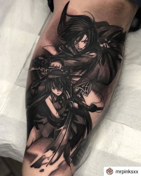 #Repost @mrpinksxx • • • • • Mikasa & Akame 😍🔥 Follow for more content like this 🔥 .  #anime #manga #tattoo #animetattoo #ink #animeink… Akame Ga Kil Tattoo, Akame Tattoo, Akame Ga Kill Tattoo, Mikasa Tattoo, Unique Anime Tattoos, Akame Ga Kil, Anime Tattoo Ideas, Manga Tattoo, Man Anime