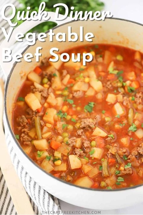 This hearty Vegetable Beef Soup with ground beef is a cozy, comforting meal that’s packed with flavor. It’s made with simple ingredients like ground beef, frozen veggies, and potatoes and freezes beautifully. #thecarefreekitchen #soup #beef #vegetables #groundbeef #comfortfood #dinner #freezermeal Easy Beef Vegetable Soup, Veg Beef Soup, Beef Vegetable Soup Recipe, Easy Vegetable Beef Soup, Beef Vegetable Soup, Hamburger Vegetable Soup, Soup Beef, Easy Vegetable Soup, Hearty Vegetable Soup