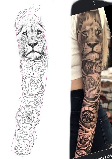 Unique Lion Tattoos For Women, Lion Sleeve Tattoos For Women, Lion King Tattoo Sleeve, Arm Sleeve Tattoos For Women Unique, Full Arm Sleeve Tattoos For Women, Chicana Tattoo Design, Leg Sleeve Tattoos, Leg Tattoo Ideas, Horrible Tattoos