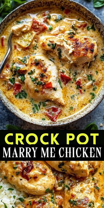 Make your family say “wow” with this Marry Me Chicken! 🍗💍 A creamy, dreamy crock pot recipe that’s perfect for any occasion. Easy, flavorful, and unforgettable. 🧡 #ChickenLovers #DinnerGoals #EasyRecipes ✨ Easy Make Ahead Crockpot Dinners, Famous Crockpot Recipes, Crockpot Chicken Recipes Marry Me, Crock Pot Marinated Chicken, Light Chicken Crockpot Recipes, Chicken Dishes In Crockpot, Crockpot Skinless Chicken Thigh Recipes, Crockpot Copycat Recipes, Air Fryer Marry Me Chicken