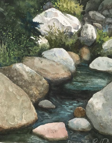 Mountain Rocks Art, Watercolor Painting Reference Photos, Rocks In Paintings, Rocks In Water Painting, Watercolor Paintings Reference, Watercolor Rocks And Water, Painting River Rocks, Watercolor Reference Photo Landscape, How To Paint A River