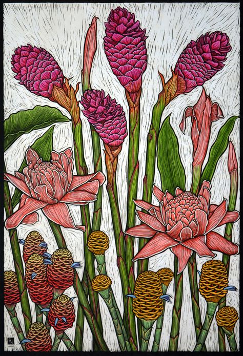 Rachel Newling - Tropical Gingers (Linocut) Linocut Art, Woodcuts Prints, Wood Engraving, Arte Popular, Japanese Paper, Lino Print, Exotic Flowers, Linocut Prints, Botanical Illustration