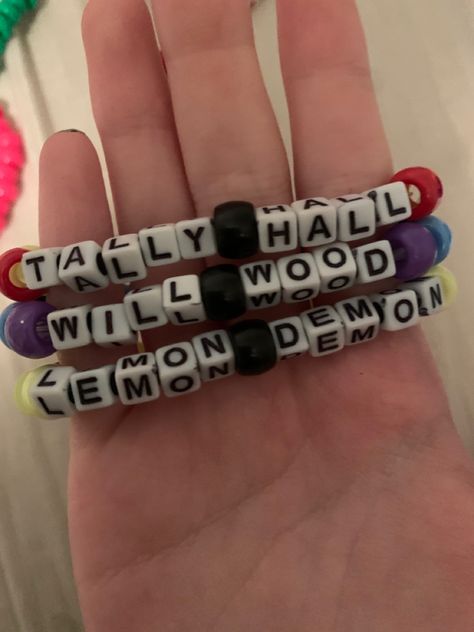 Trio Kandi Bracelets, Lemon Demon Bracelet, Tally Hall Bracelet, Kandi Words, Funny Bracelets Beads Words, Funny Bracelets, Trio Bracelets, Kandi Singles, Kandi Inspo