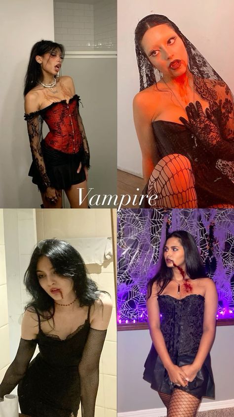 Red Black Halloween Costume, Couples Costume Vampire, Easy Vampire Halloween Costumes, Vampire Ideas Outfits, Diy Vampire Halloween Costume, Hailey Bieber Vampire Costume, Vampire Costume Halloween Women, Vampire Costume Inspo Women, Lesbian Vampire Costume